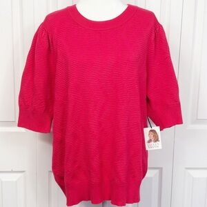 NWT Jaclyn Smith Pink Rib Knit Pattern Puffed Short Sleeve Sweater 2X